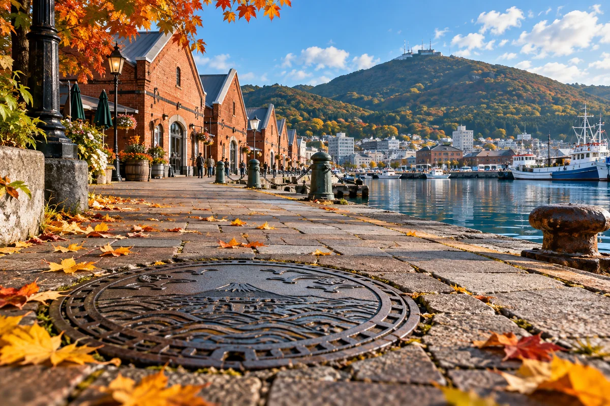 AI-created editorial artwork: An iron cover beside a red-brick harbor promenade in autumn light.