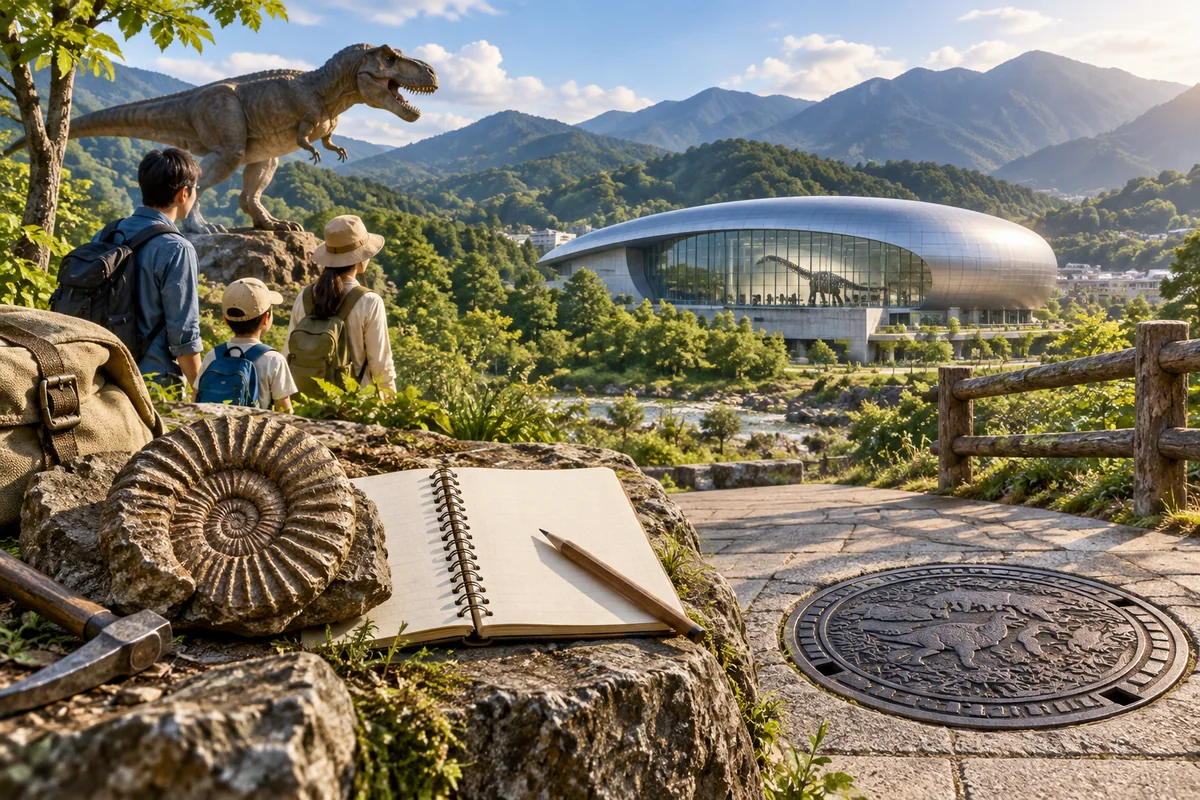 AI-created editorial artwork: A fossil and field notebook near a dinosaur-museum-inspired landscape.