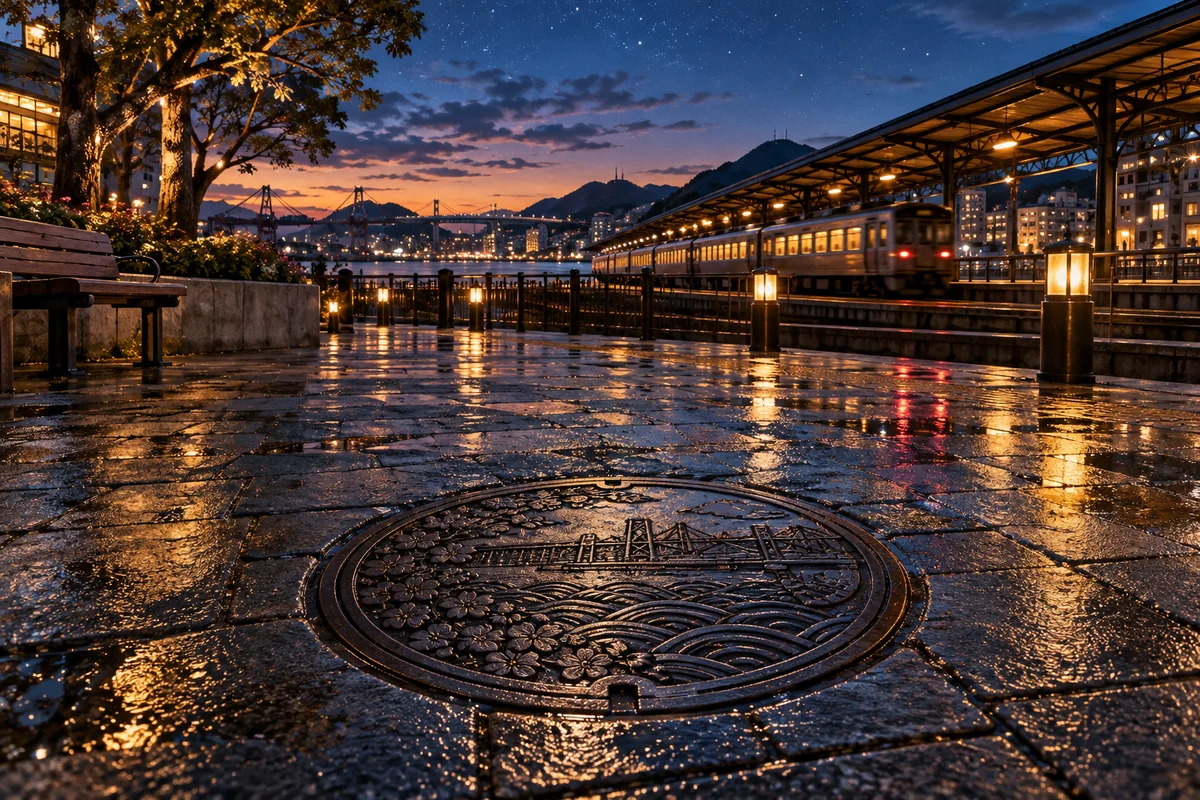 AI-created editorial artwork: An iron cover in a station plaza beneath a deep-blue evening sky.