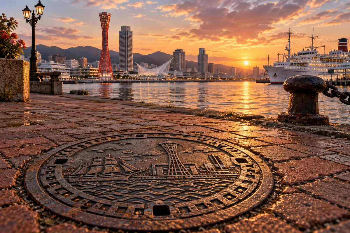 AI-created editorial artwork: Textured ironwork and a Kobe-inspired harbor at sunset.
