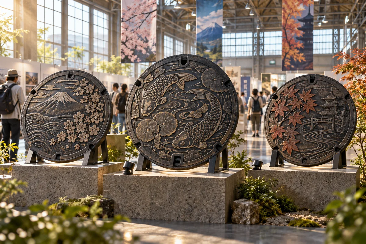 AI-created editorial artwork: Cast-iron covers displayed in a bright exhibition hall.