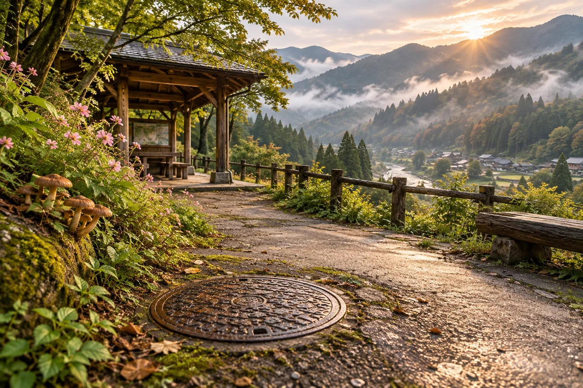 AI-created editorial artwork: A mountain rest stop with wildflowers, mushrooms and an iron cover.