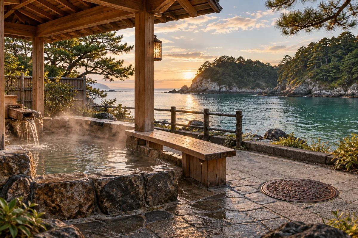 AI-created editorial artwork: A coastal footbath and quiet walkway overlooking a pine-fringed inlet.