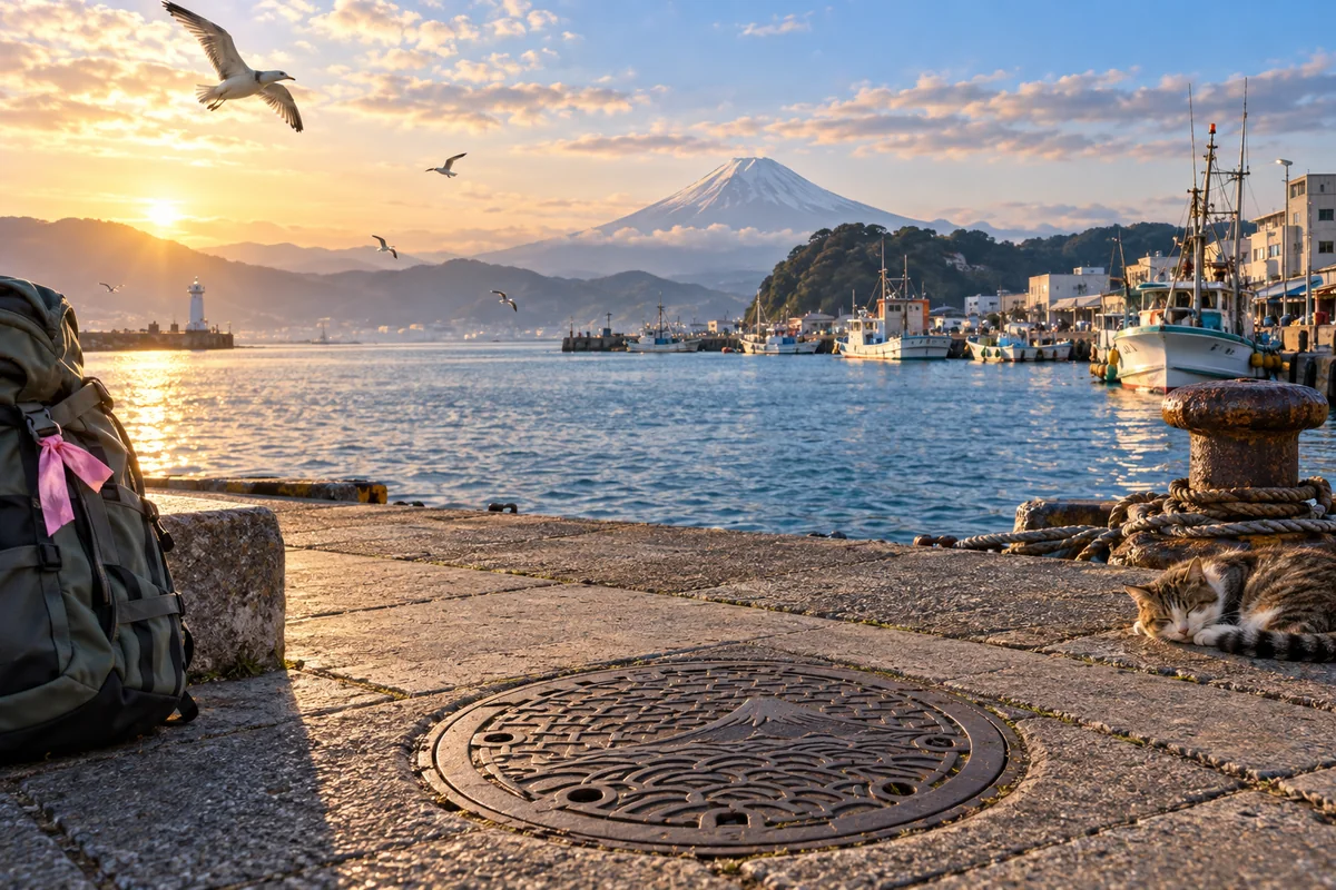 AI-created editorial artwork: A seaside promenade with fishing boats and distant Mount Fuji.