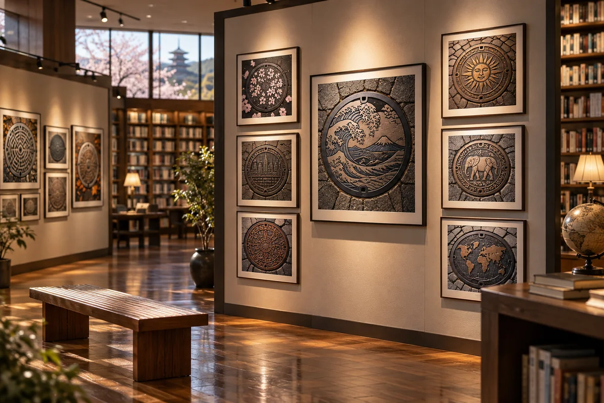 AI-created editorial artwork: Framed manhole photographs displayed among library bookshelves.