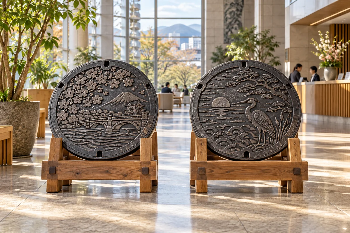 AI-created editorial artwork: Two iron covers on handcrafted wooden stands in a bright civic atrium.