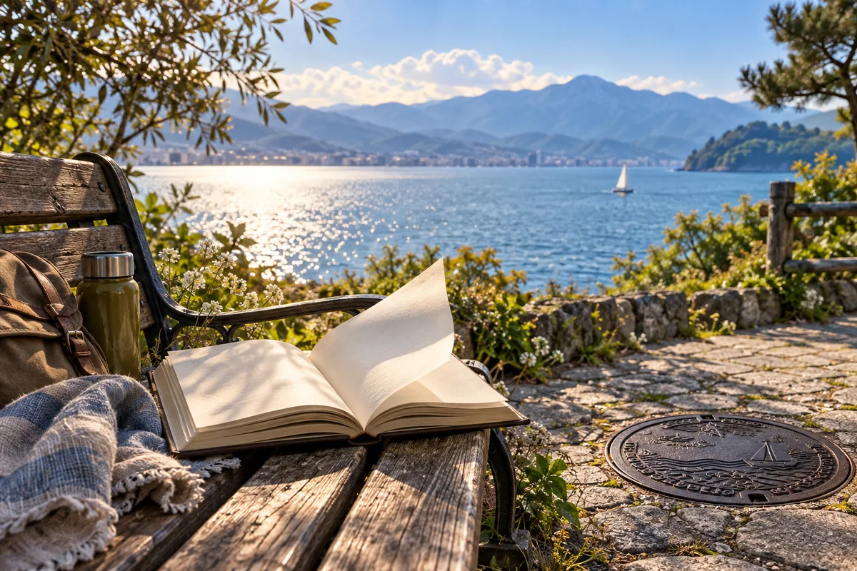 AI-created editorial artwork: An open book beside a lakeside path and the blue waters of Lake Biwa.
