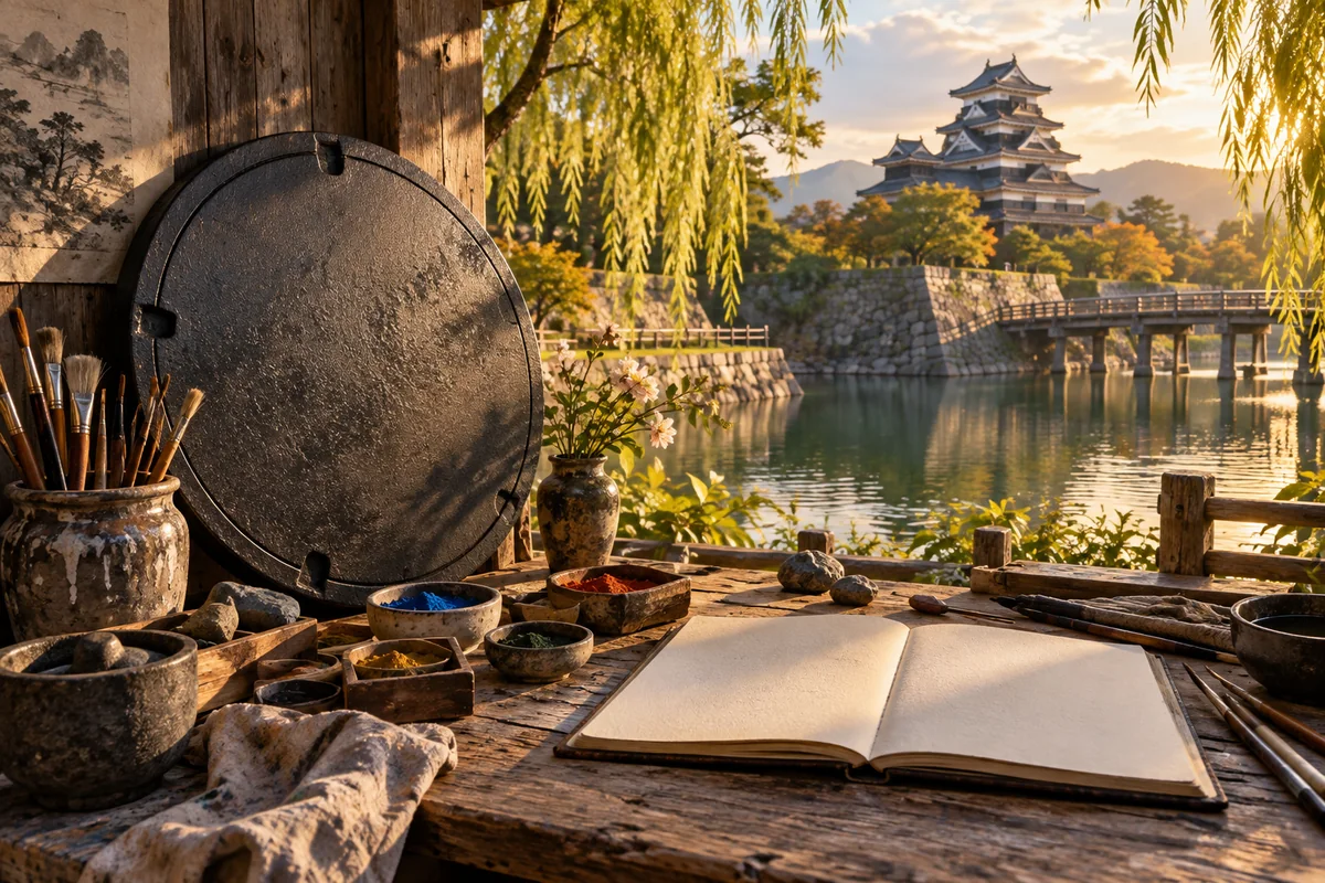 AI-created editorial artwork: Paints, a sketchbook and an unfinished iron cover beside a castle-moat view.