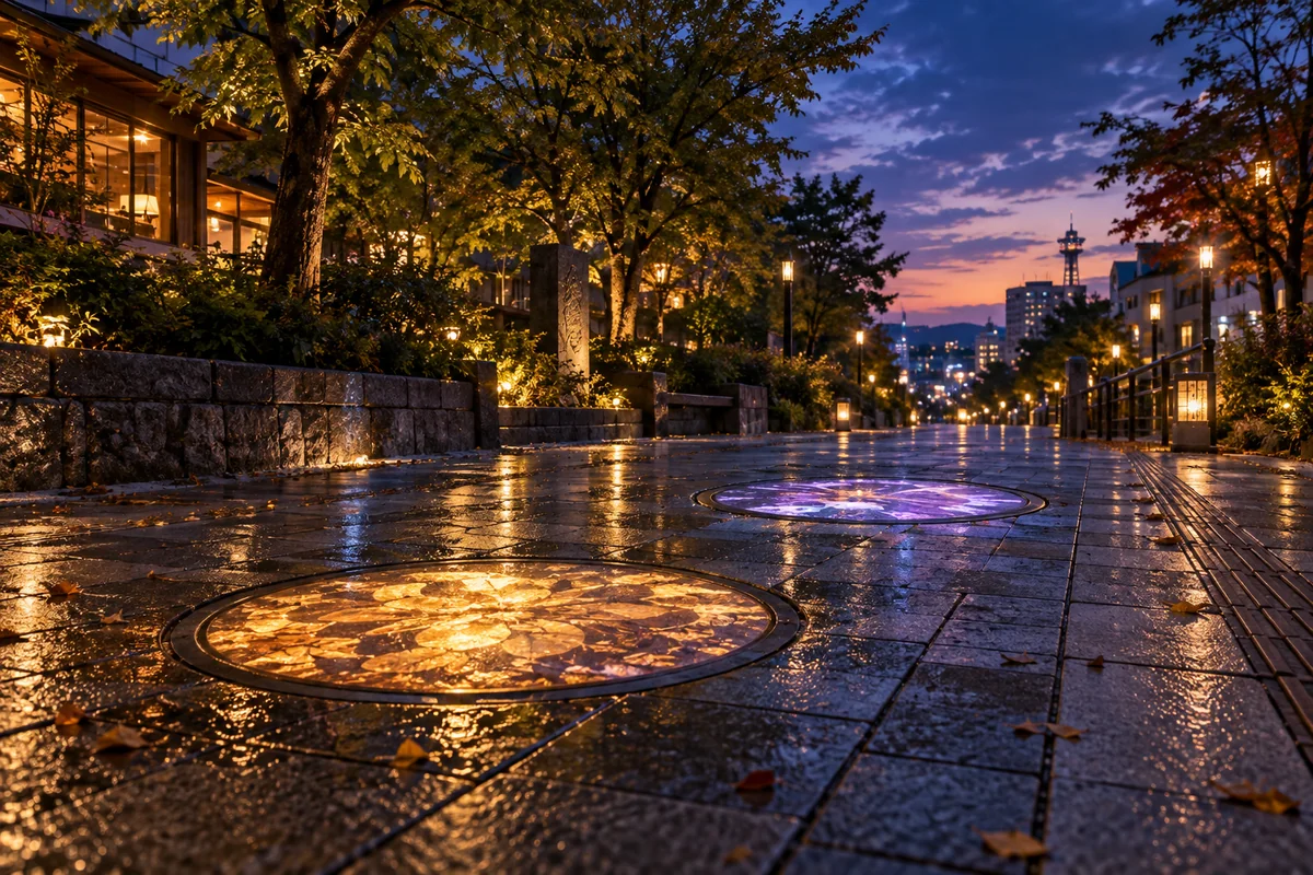 AI-created editorial artwork: Softly glowing circular pavement panels along a Japanese street at blue hour.
