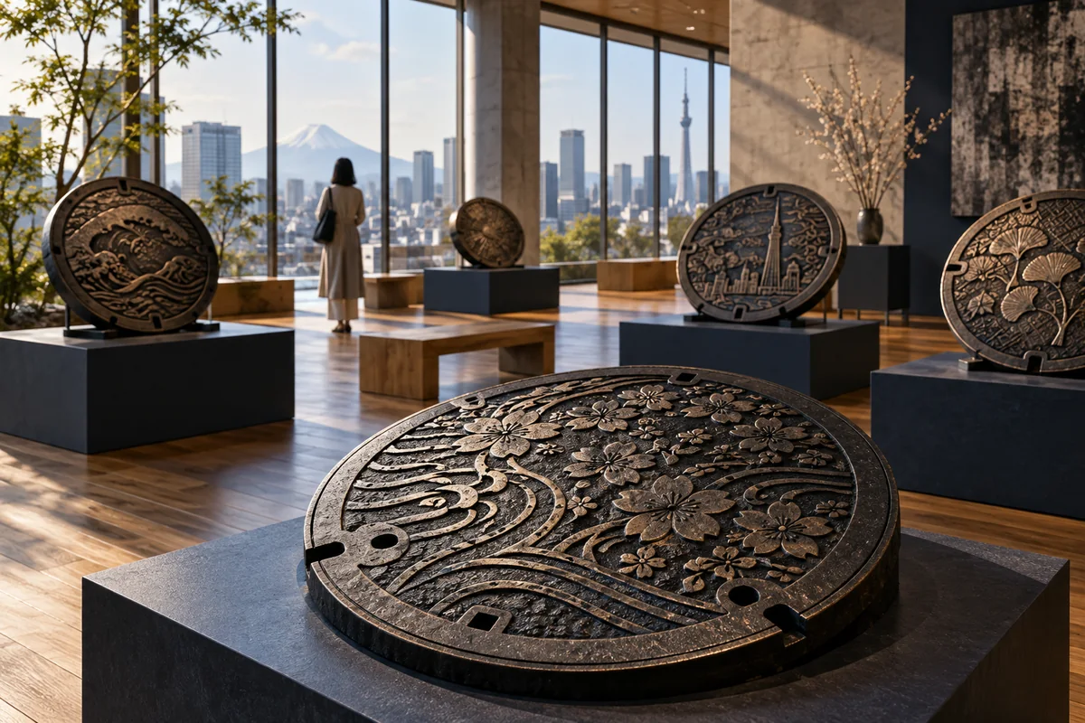 AI-created editorial artwork: Circular iron-cover displays in a bright contemporary Tokyo gallery.