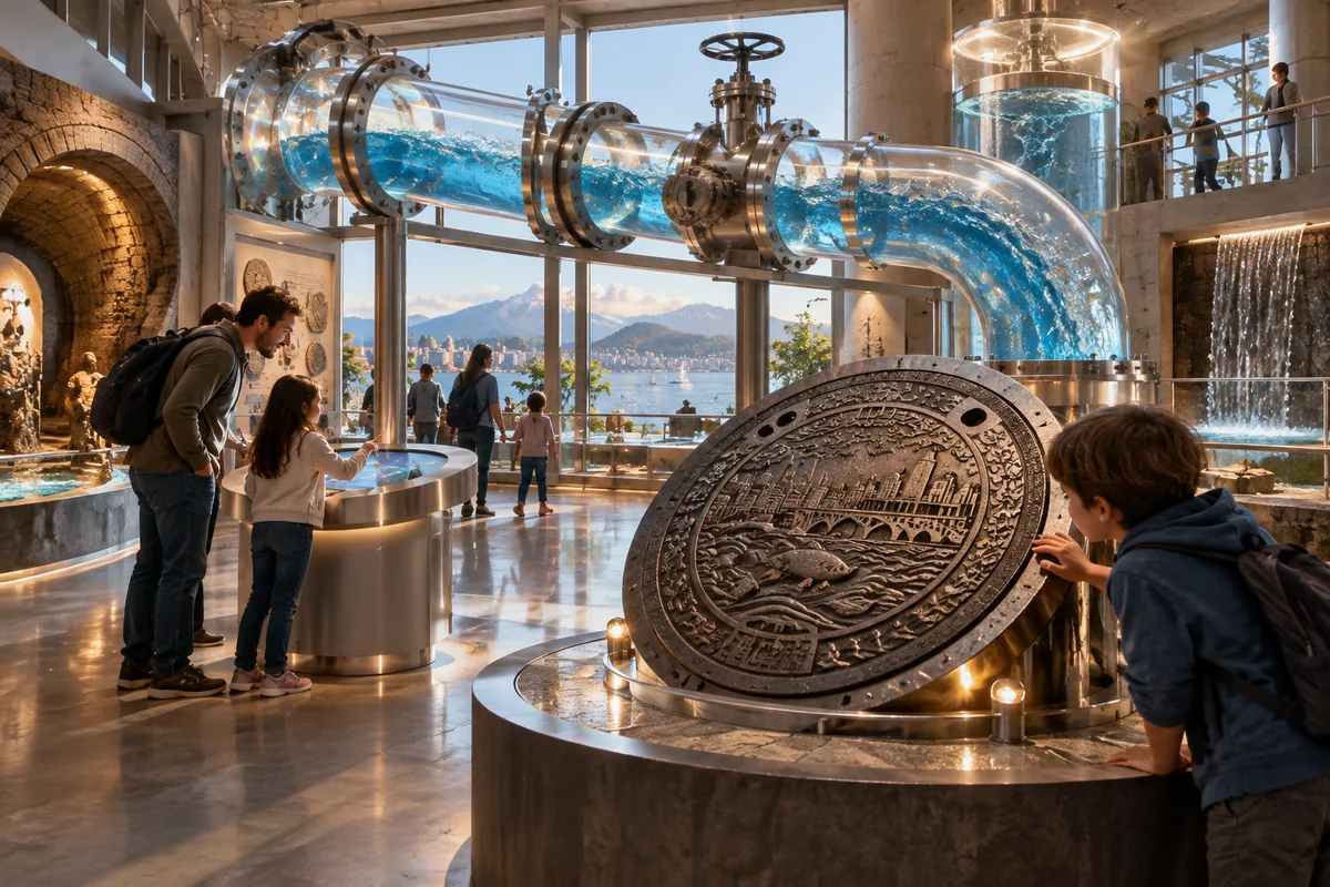 AI-created editorial artwork: A water-pipe demonstration and iron-cover exhibit in a science museum.