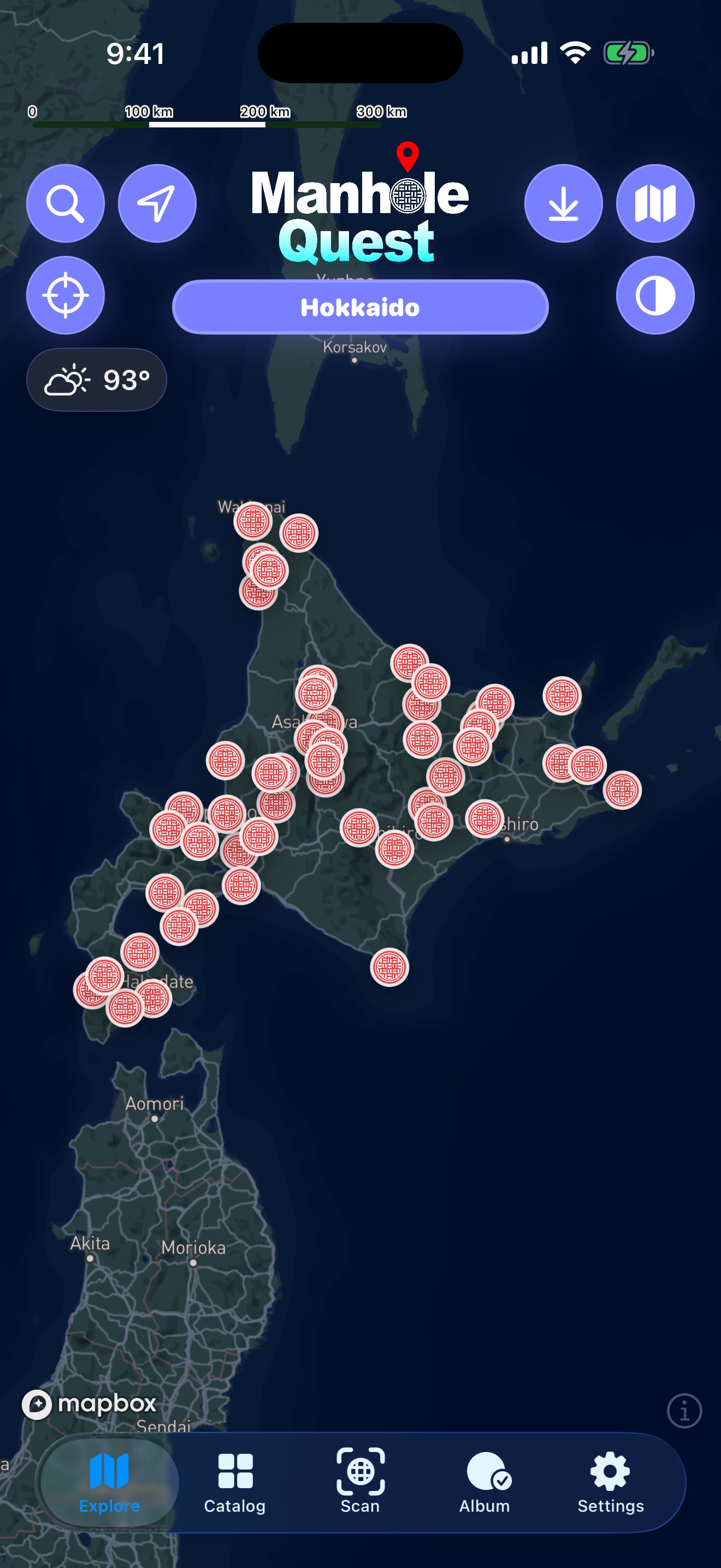 Manhole Quest Explore map showing cover locations across Hokkaido
