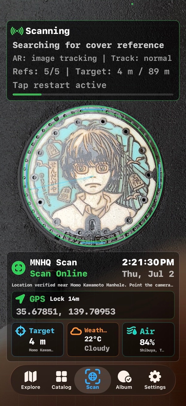 Manhole Quest scanning a real cover with AR tracking, verified location, and target distance
